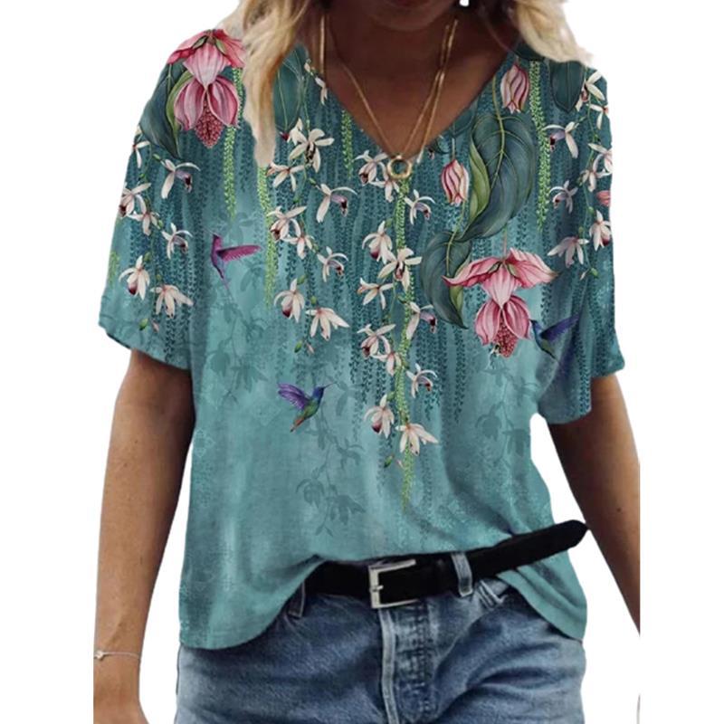 Floral Print Pullover V-neck Short Sleeve T-shirt For Women
