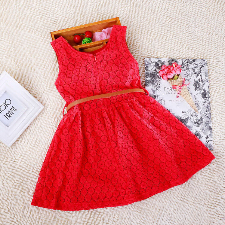 Summer Foreign Trade Children's Wear Korean Princess Dress Lace Hollow Belt Sleeveless Children Shirt Spot Delivery