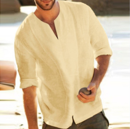 Foreign Trade New Style Summer Casual Thin Section Men'S Solid Color Cotton And Linen Five-Point Sleeve T-Shirt For Men