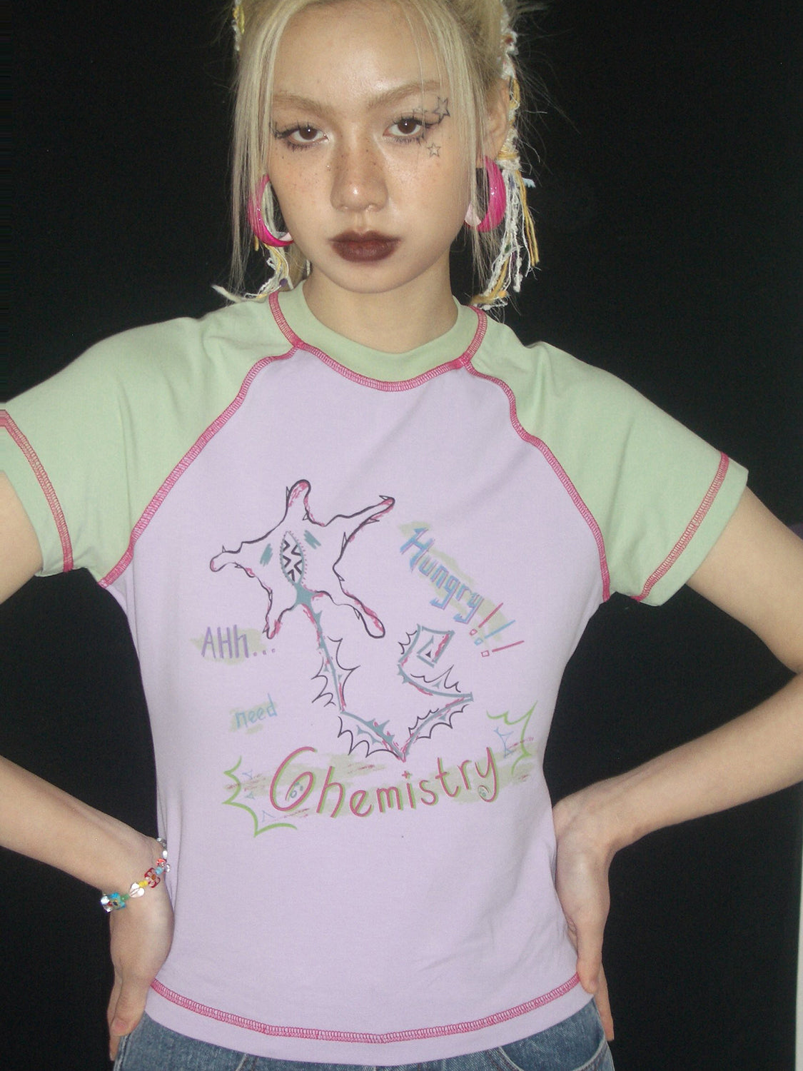 女款撞色印花圓領短袖 T 卹