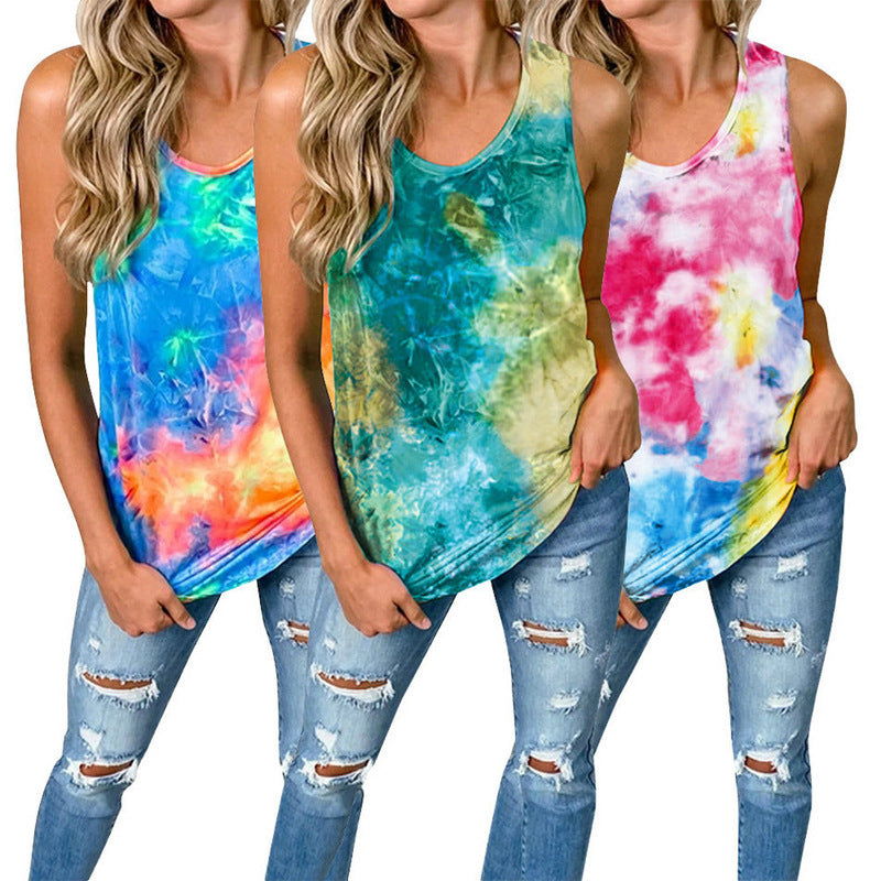T-shirt Fashion Round Neck Sleeveless Printing And Dyeing Twisted Top For Women