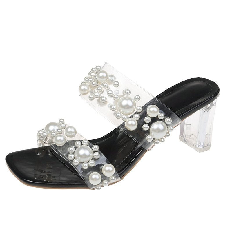 Korean Style Crystal Heel High-heel Sandals And Slippers