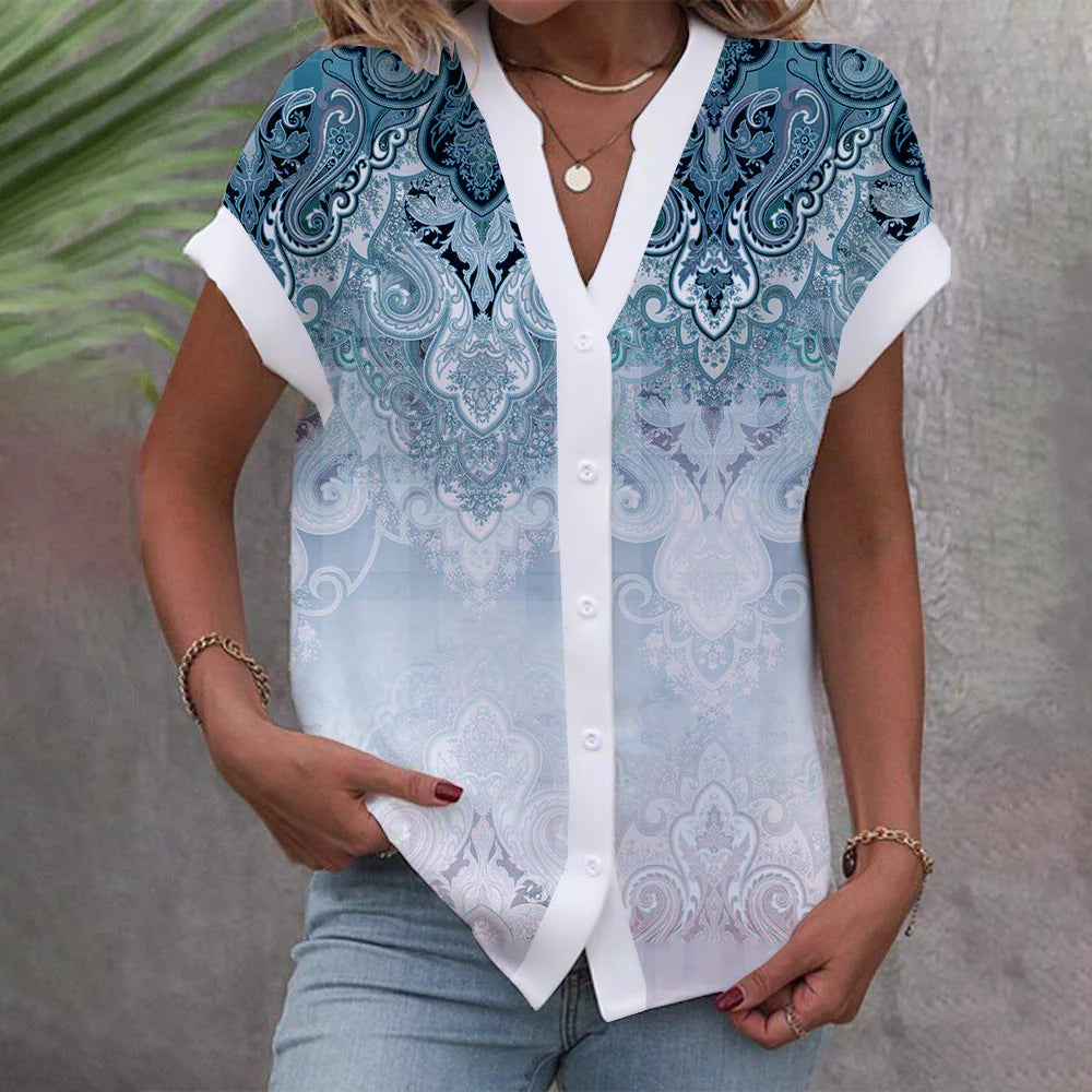 Casual Stand Collar Short Sleeve Regular Cardigan Digital Printing Top Shirt