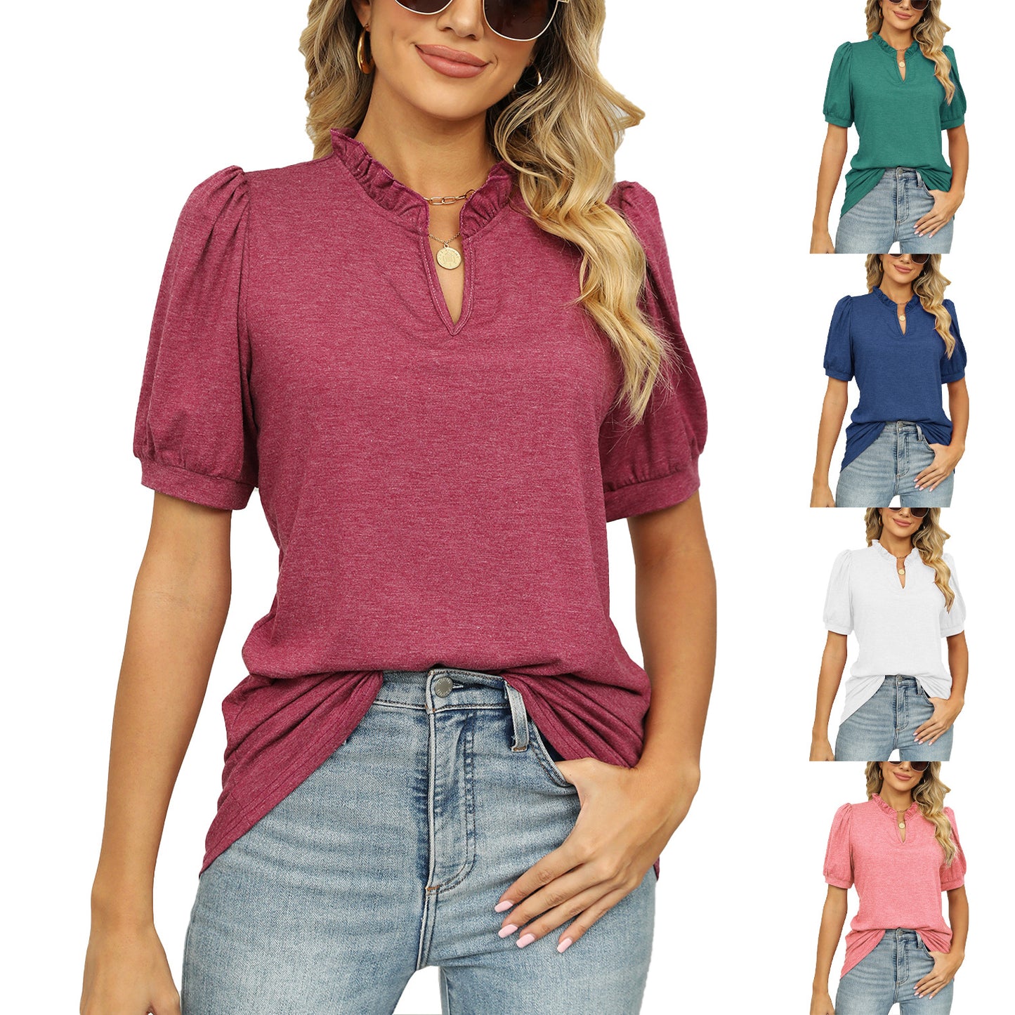 Solid Color V-neck Shrink Pleated Short Sleeve Loose T-shirt Top For Women