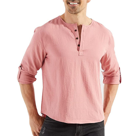 Men's Casual Cotton And Linen Plain Long-sleeved Shirt