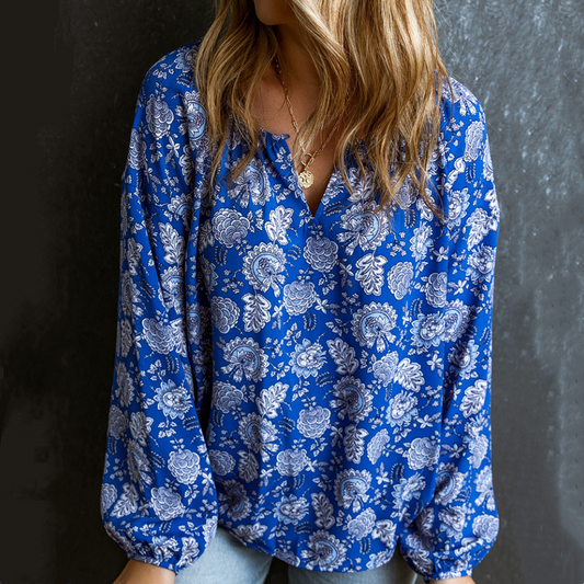 V-neck Floral Print Pullover Loose Chiffon Blouse