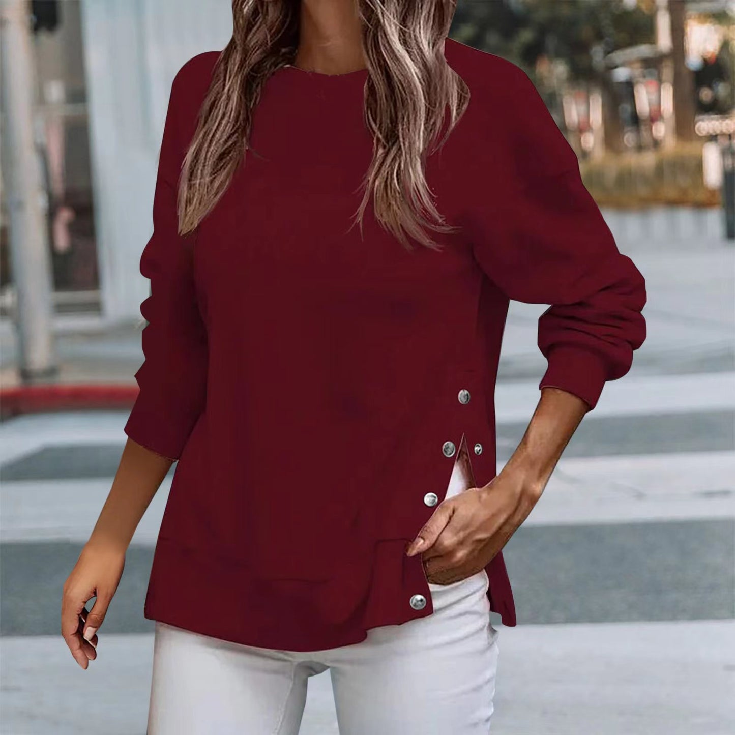 Fashion Button Pullover Sweater T-shirt For Women