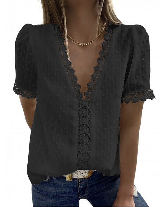 Lace Jacquard Short Sleeved Casual T Shirt Women
