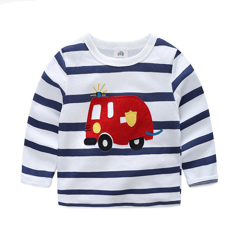 男童T卹兒童T卹寶寶兒童男孩卡通上衣春季兒童T卹長袖純棉汽車卡車巴士條紋秋季襯衫