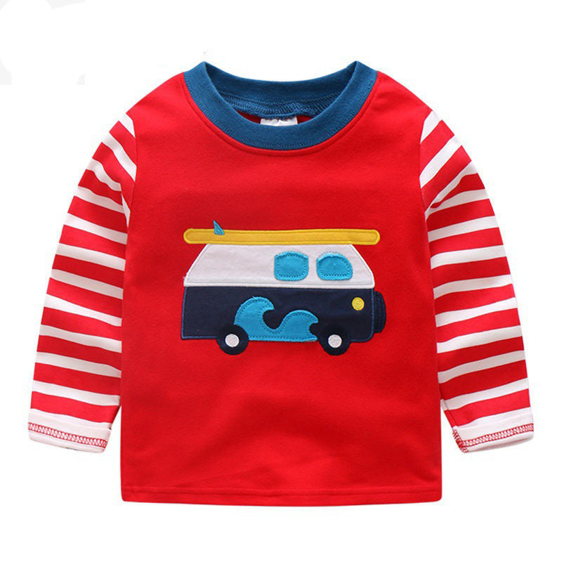 男童T卹兒童T卹寶寶兒童男孩卡通上衣春季兒童T卹長袖純棉汽車卡車巴士條紋秋季襯衫
