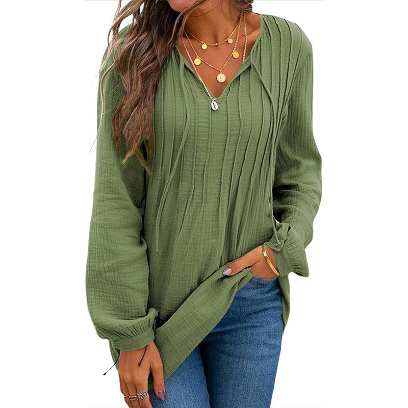 V-neck Pleated Textured Loose Pullover Top