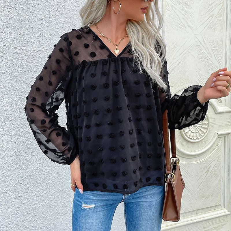 Long Sleeve V-neck Black Chiffon Shirt Fur Ball Jacquard Pullover Top