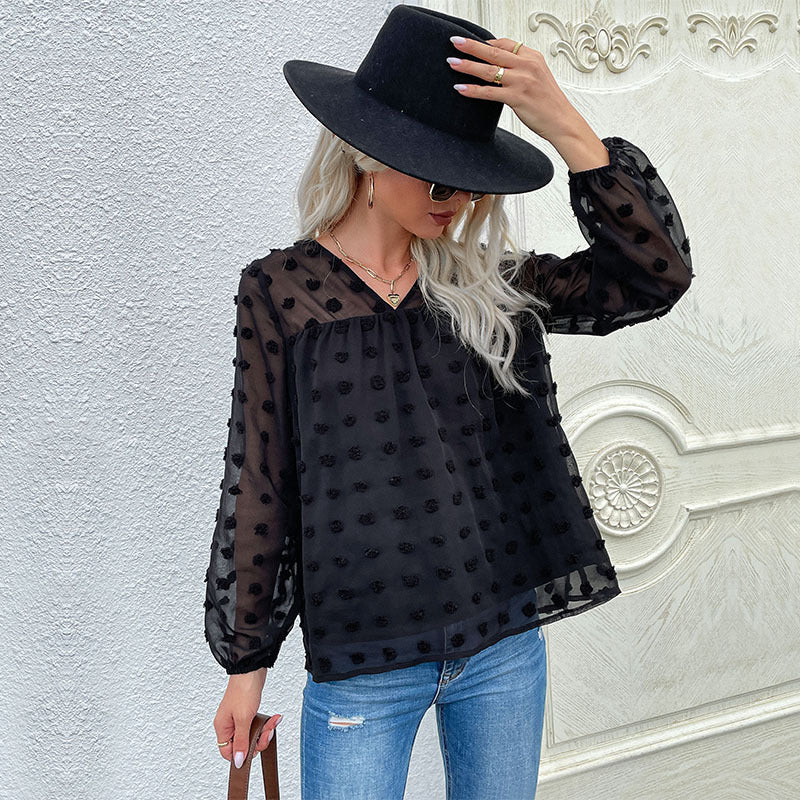 Long Sleeve V-neck Black Chiffon Shirt Fur Ball Jacquard Pullover Top