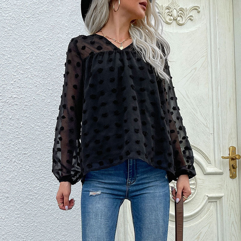 Long Sleeve V-neck Black Chiffon Shirt Fur Ball Jacquard Pullover Top