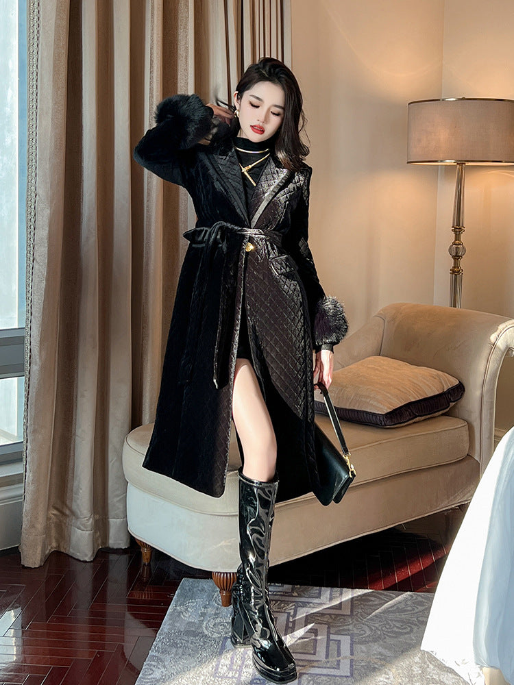 Women's Black Mid-length Coat Velvet