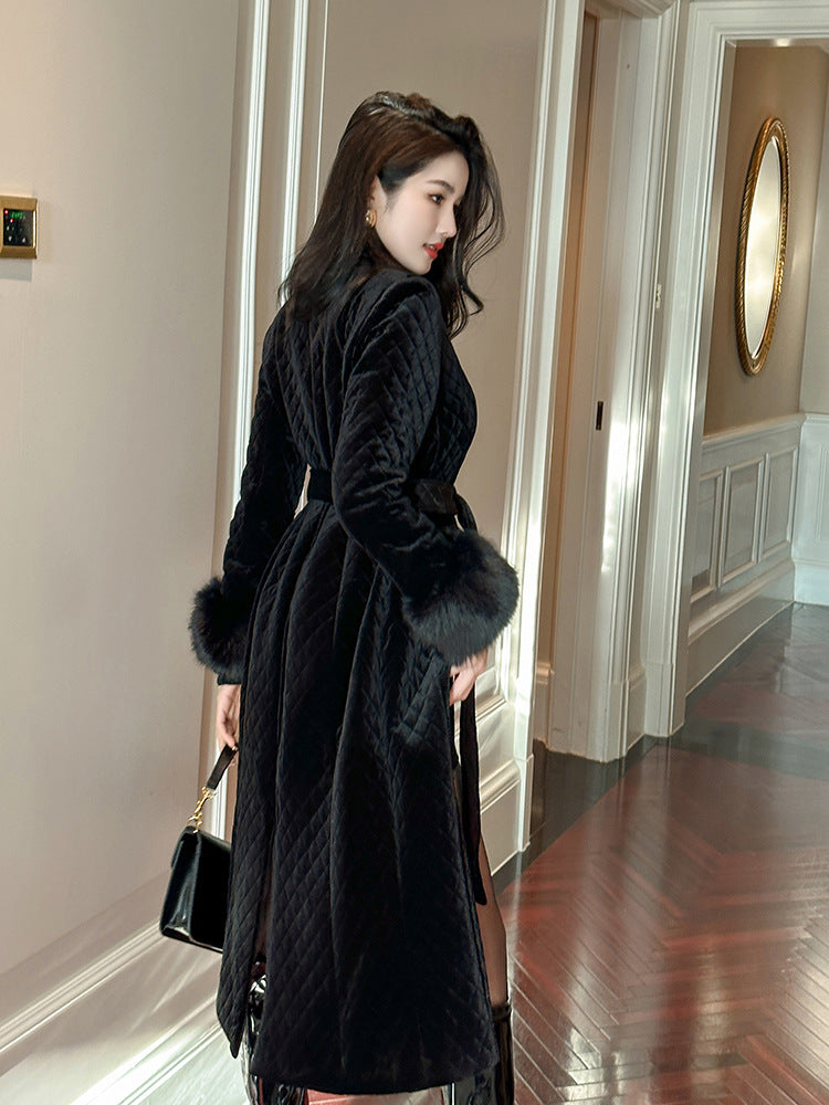 Women's Black Mid-length Coat Velvet