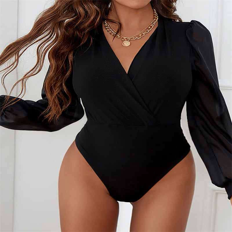 Solid Color Deep V-neck Long Sleeve Top Women's European And American Sexy Slim Fit Figure Flattering Jumpsuit