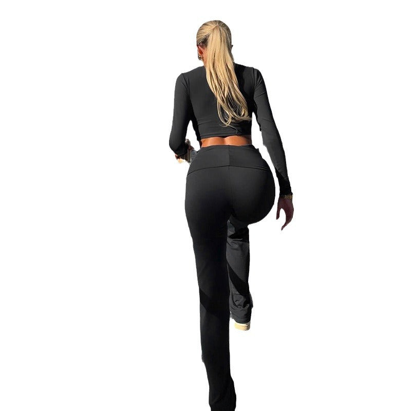 Sports Solid Color Round Neck Short Top Bootcut Trousers Fitness Yoga Two-piece Set For Women