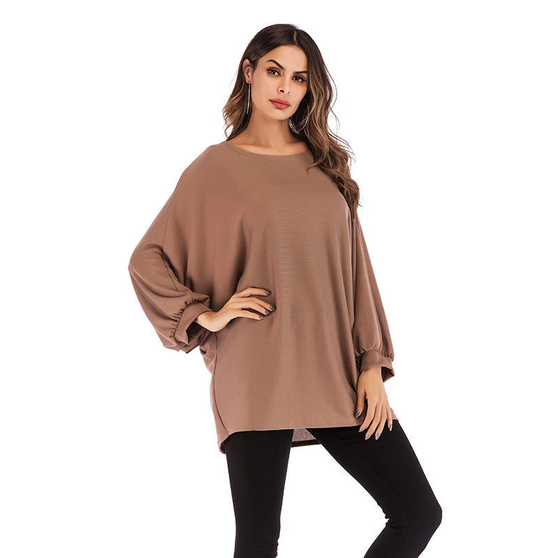 Autumn Fashion European And American Style Women's Large Size Long-sleeved T-shirt Solid Color Round Neck Top For Women
