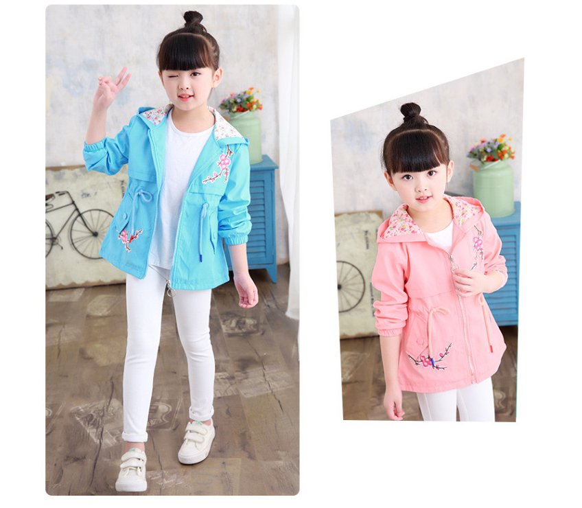 Girls windbreaker jacket autumn and winter Korean version of the long-sleeved peach embroidery hooded big children's shirt children's new children's clothing