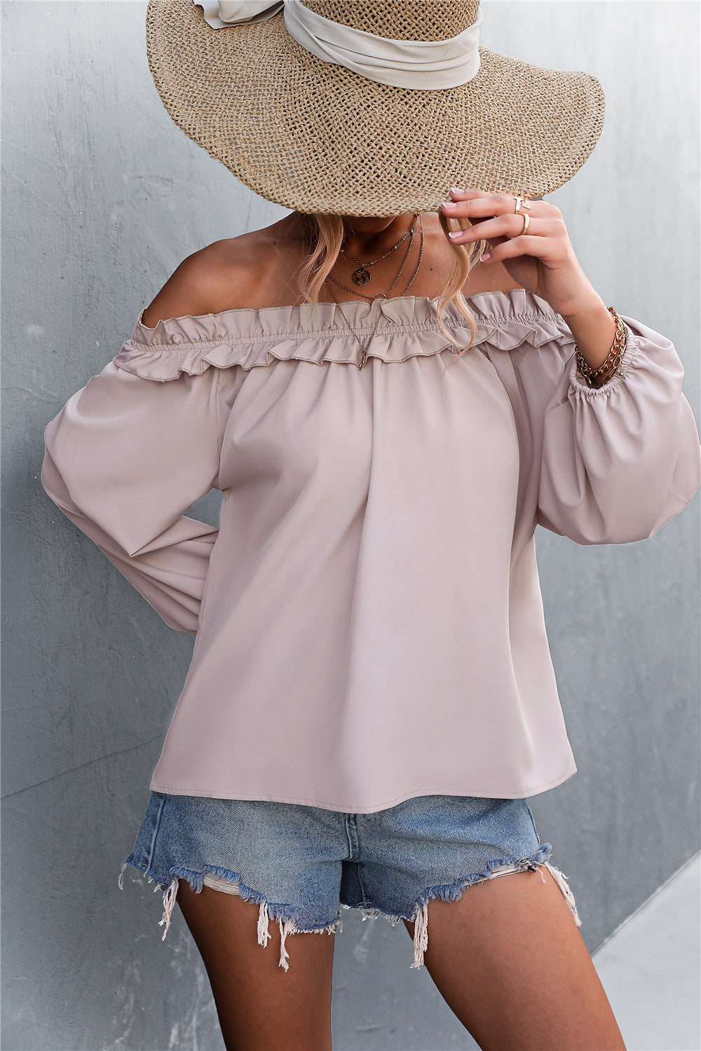 Solid Color Sexy Off-the-shoulder Lantern Sleeve T-shirt Top For Women