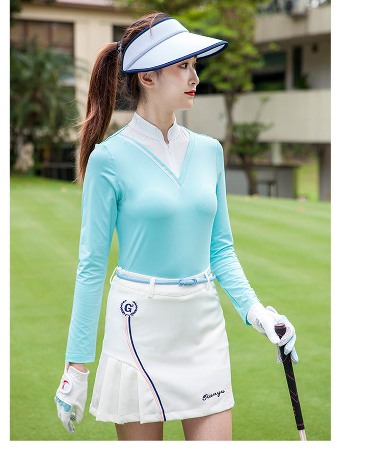 高爾夫女長袖T卹立領防曬韓國修身運動