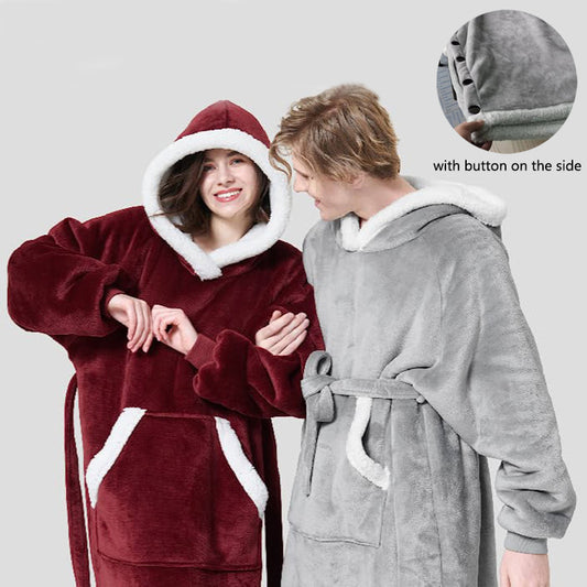 冬季連帽衫毛毯帶扣環設計保暖家居服女式男士超大套頭衫