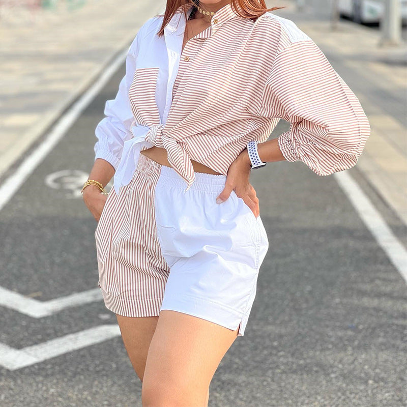 Women's Fashion Casual Loose-fitting Striped Long Sleeves Shirt Wide Leg Shorts Suit