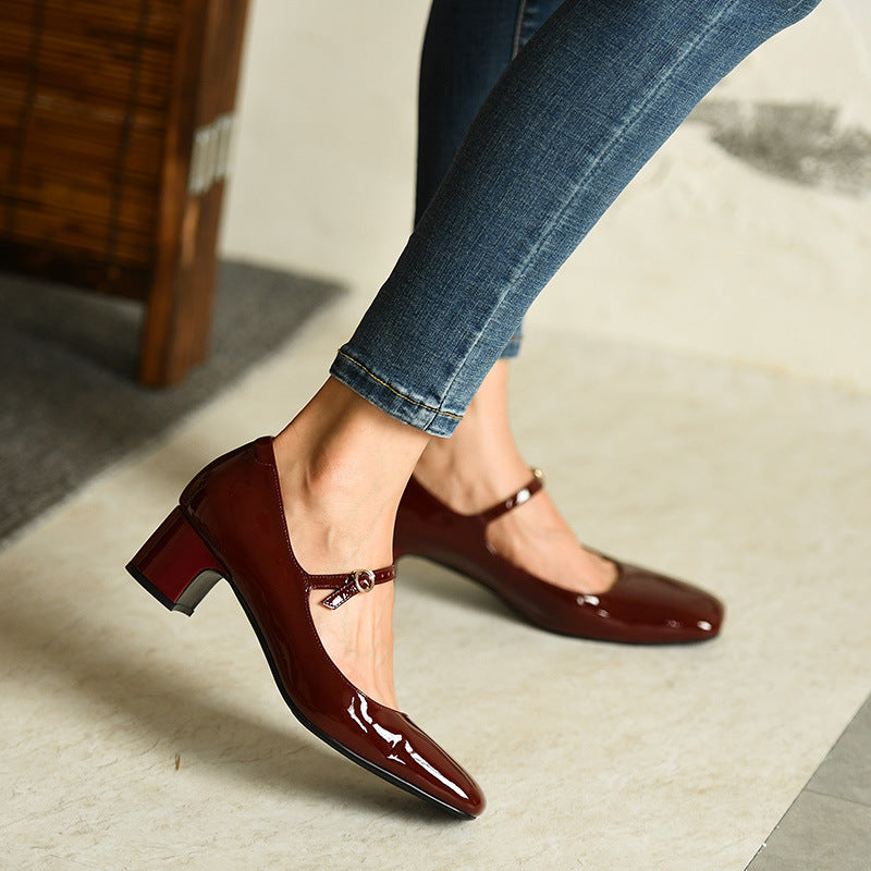 Burgundy bright leather strap square toe shoes for women