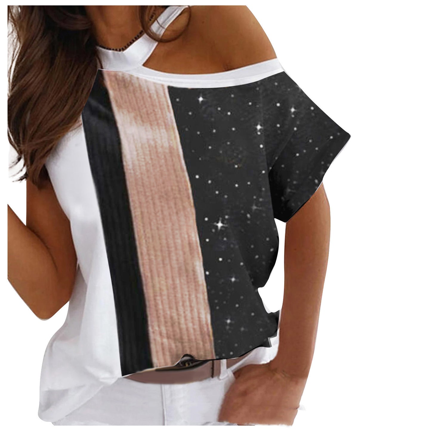 New Off-shoulder Hanging Neck Short-sleeved T-shirt For Women