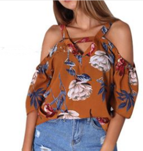 T-shirt printed with short sleeves and shoulder exposed v-neck sling for women