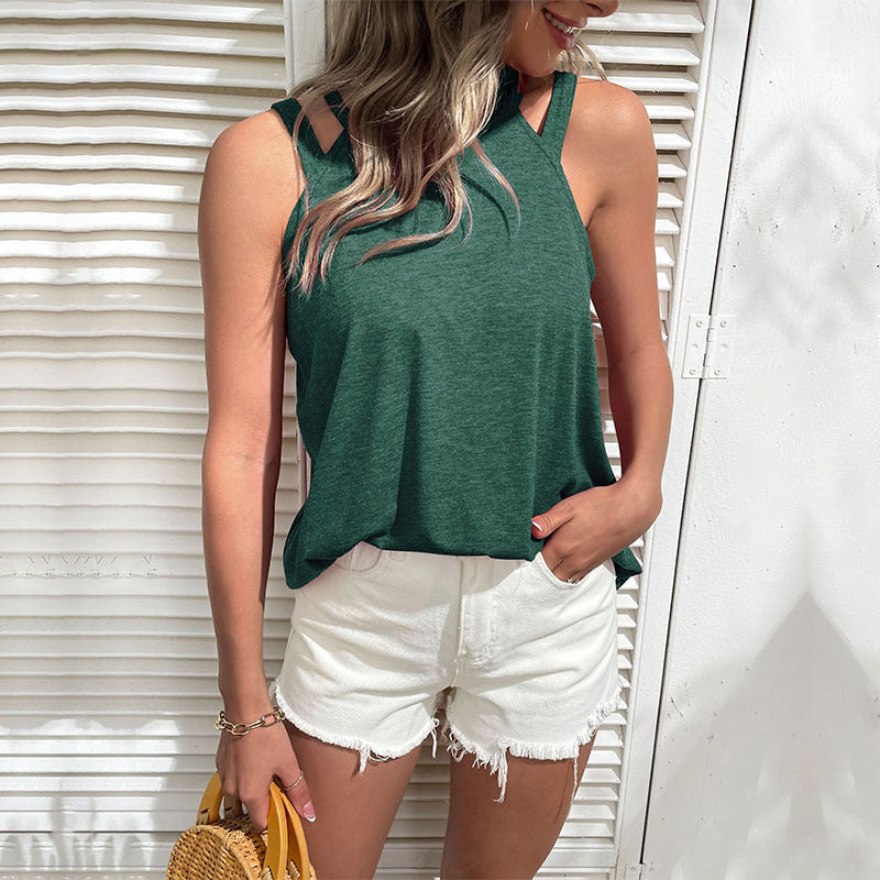 Short Sleeve Loose T-shirt Casual Off-the-shoulder Hollow-out Sling Top For Women