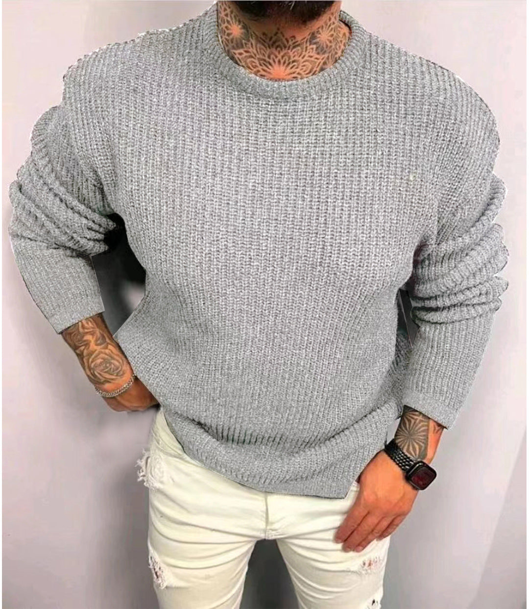 Men's Solid Color Waffle Round Neck Pullover