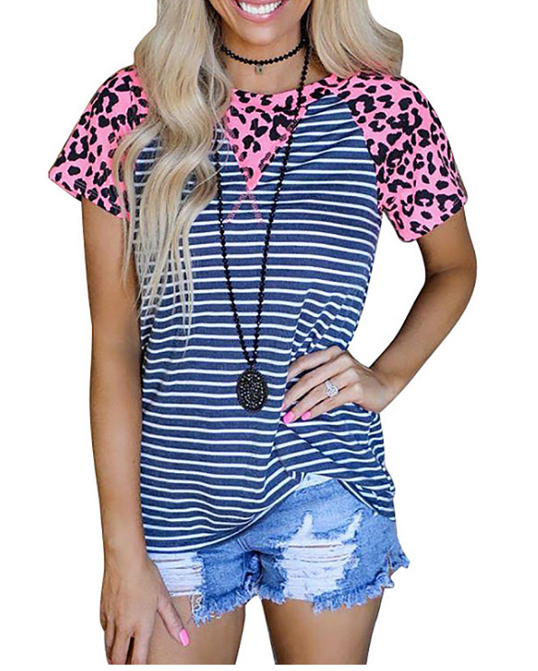 Printed Striped Stitching Short-sleeved Casual Top T-shirt For Women
