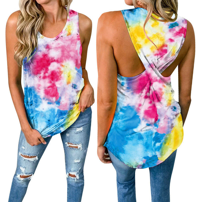 T-shirt Fashion Round Neck Sleeveless Printing And Dyeing Twisted Top For Women
