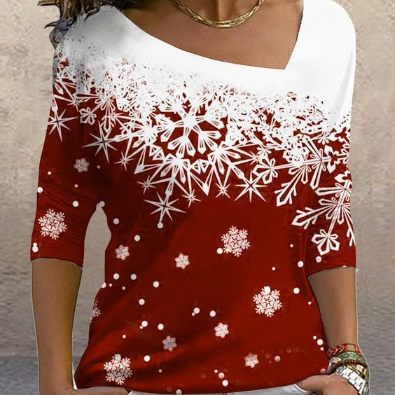New Christmas Elements Printed Long-sleeved Diagonal Collar Pullover T-shirt For Women