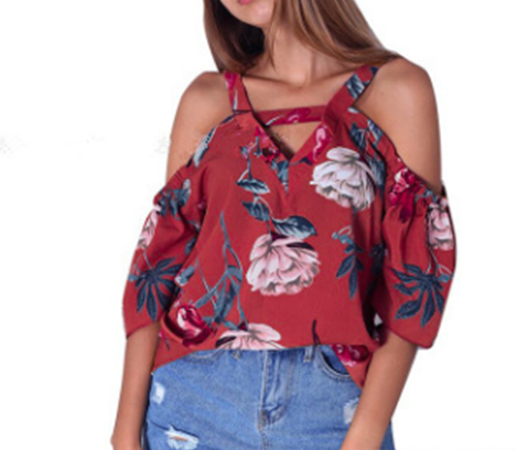 T-shirt printed with short sleeves and shoulder exposed v-neck sling for women