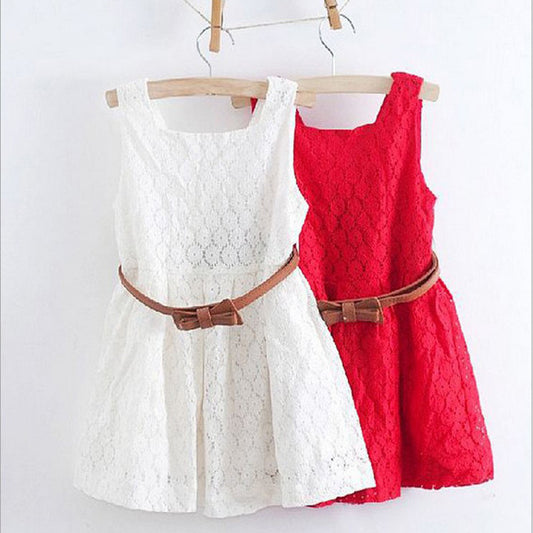 Summer Foreign Trade Children's Wear Korean Princess Dress Lace Hollow Belt Sleeveless Children Shirt Spot Delivery