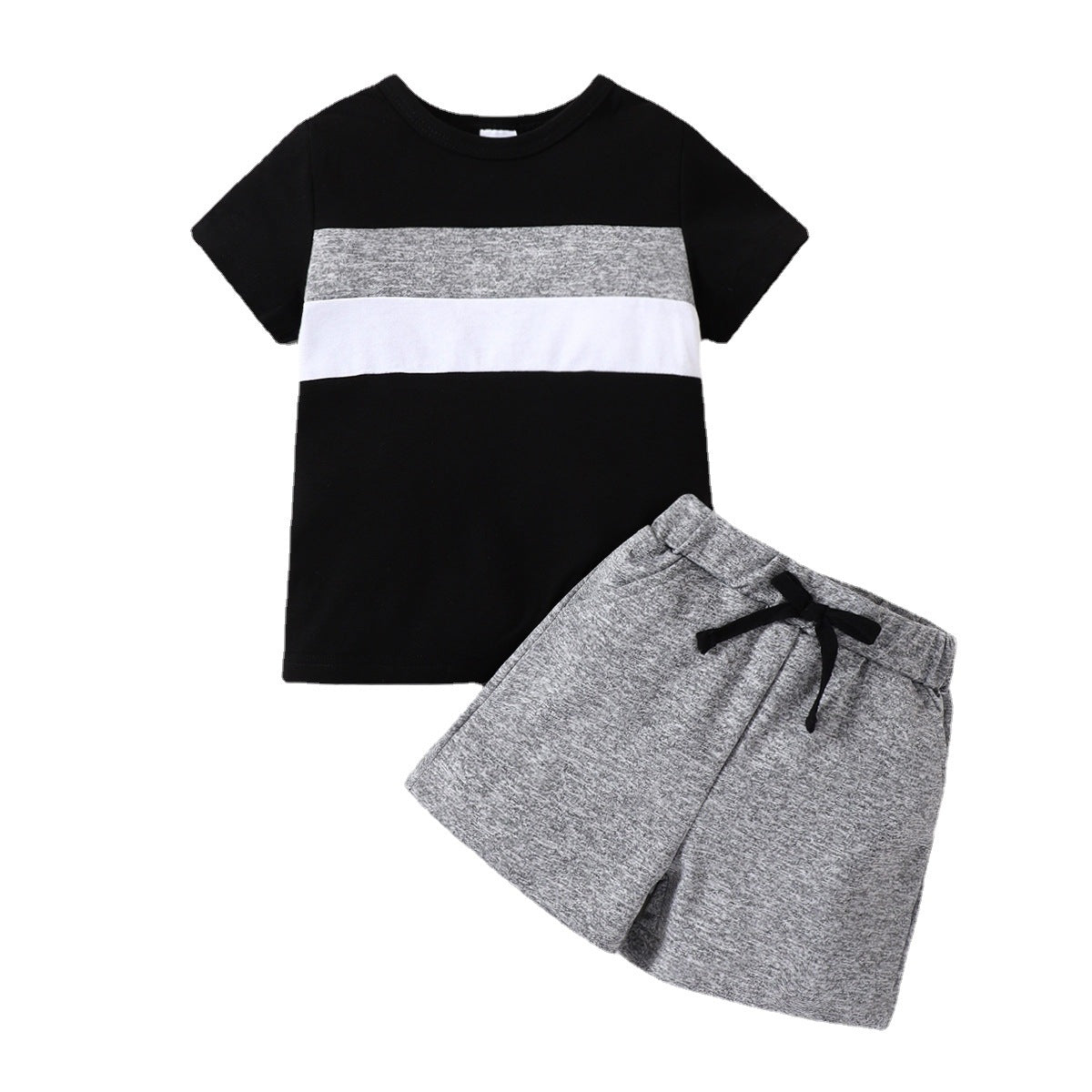 Boys' New Suit Color-block Crew Neck Short-sleeved Shirt Short Gray Children Suit