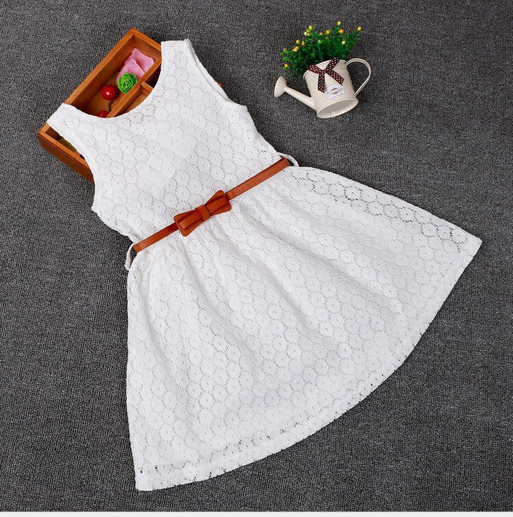 Summer Foreign Trade Children's Wear Korean Princess Dress Lace Hollow Belt Sleeveless Children Shirt Spot Delivery