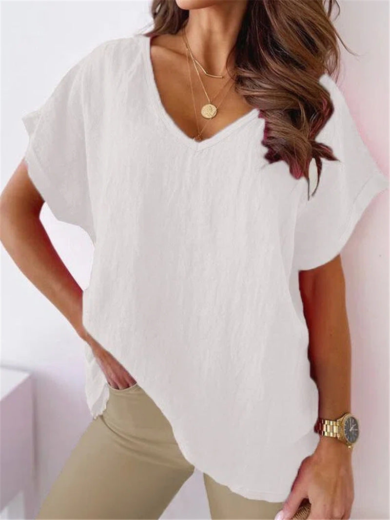 Solid Color Cotton And Linen Short-sleeved V-neck Shirt T-shirt For Women