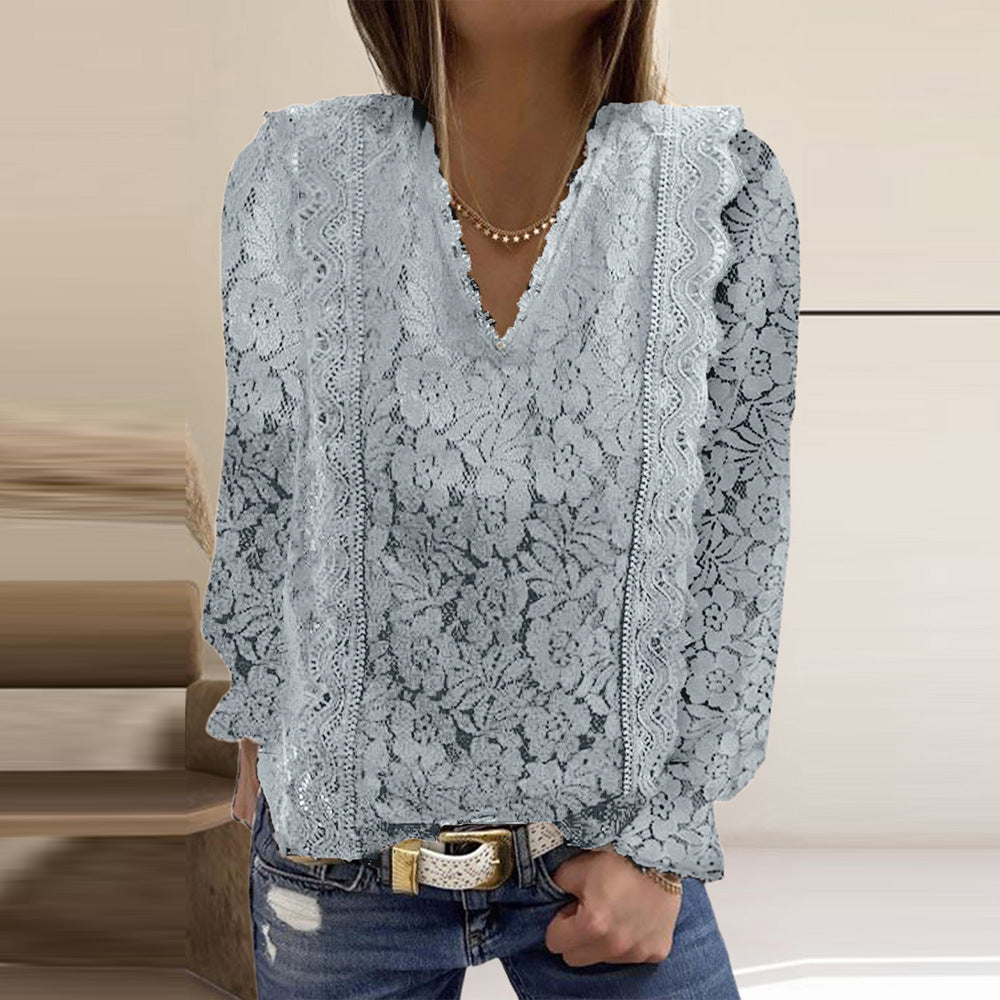 Solid Color Pullover Lace Mesh Crochet Casual Long Sleeve T-shirt