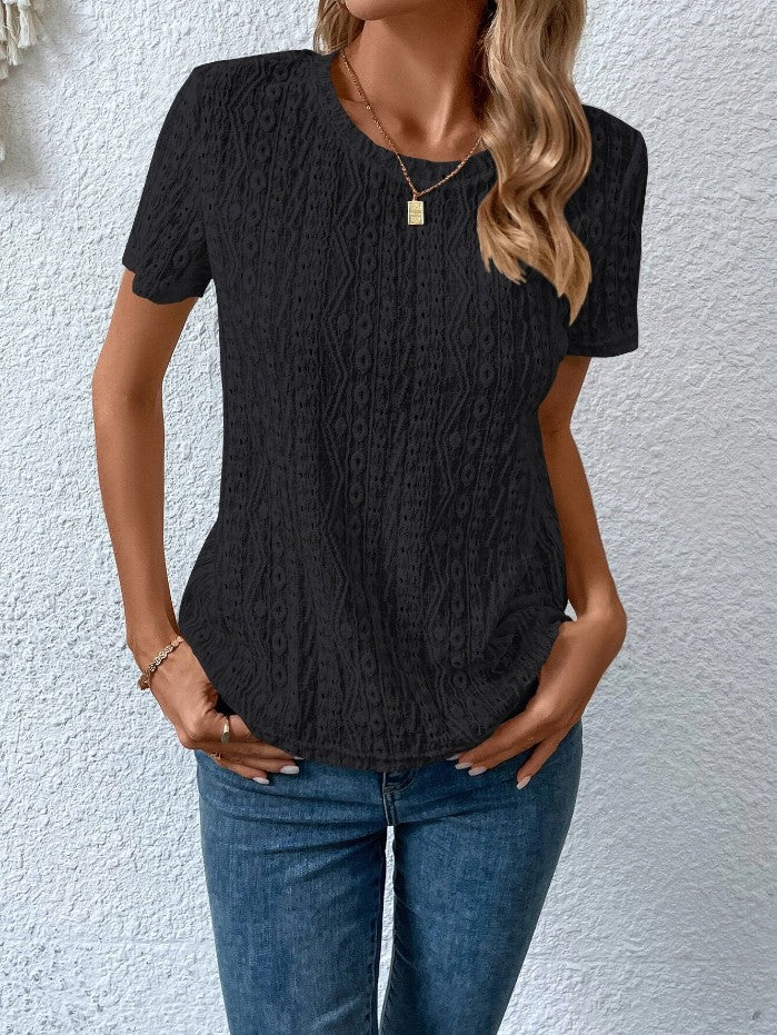 Hollowed Leisure Solid Color Round Neck T-shirt For Women