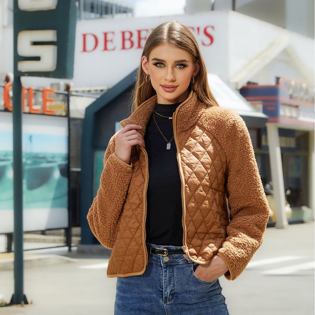 Women's Plush Jacket With Rhombus Stitching Design Clothing Fashion Winter Warm Lamb Lapel Zipper Short Coat Outwear