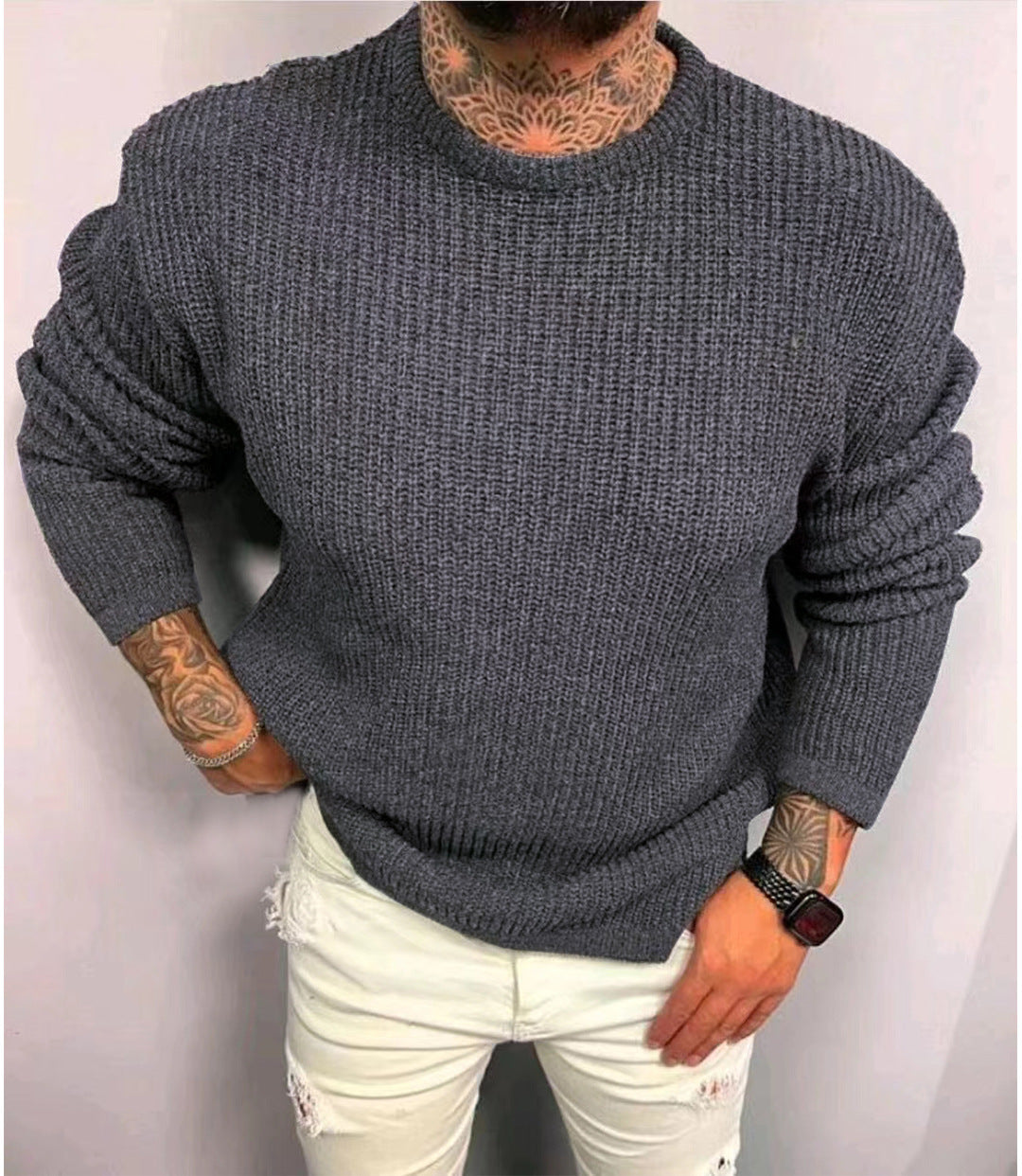 Men's Solid Color Waffle Round Neck Pullover