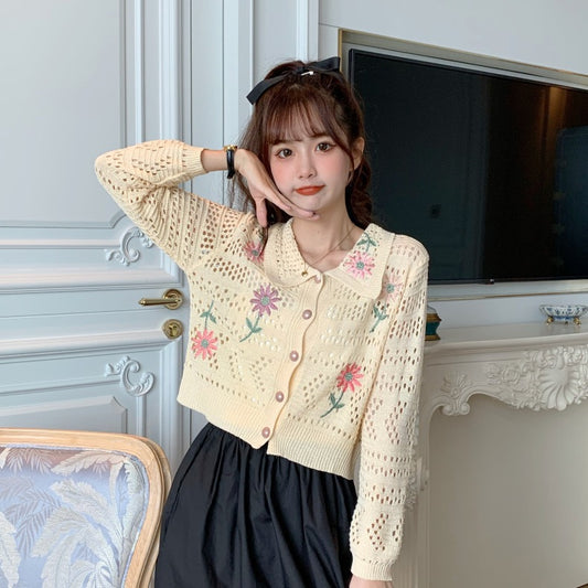 Thorn Hollow Embroidered Flower Lapel Single Breasted Long Sleeve