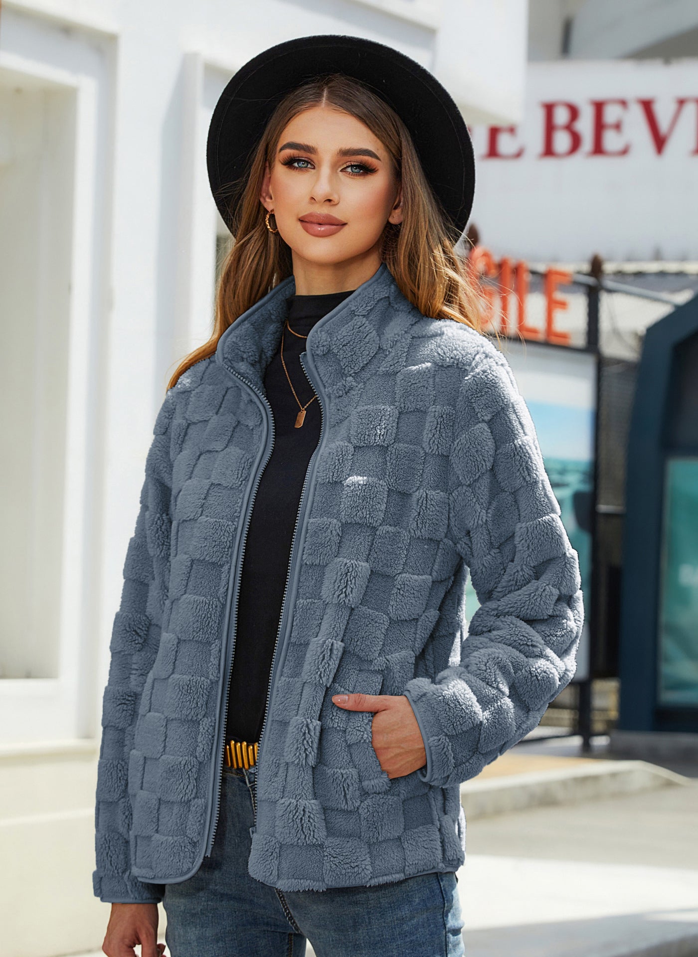 立領毛絨外套冬季長袖寬鬆拉鍊開襟衫時尚純色棋盤格設計外套女外套