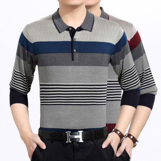 Men's Short Sleeve T-shirt Lapel Striped Middle-aged Dad T-shirt Knitted T-shirt