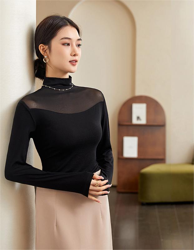 Autumn And Winter Half-high Collar Mesh Thin Transparent T-shirt Lace Top For Women