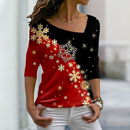 New Christmas Elements Printed Long-sleeved Diagonal Collar Pullover T-shirt For Women